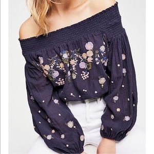 NWT FREE PEOPLE SMOCK OFF THE SHOULDER EMBROIDERED TOP Boho Cottagecore Festival